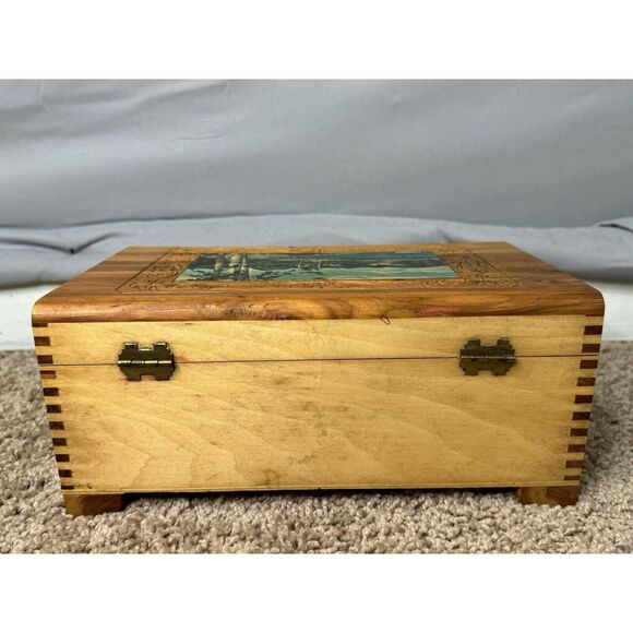 Vintage Cedar Wood Jewelry Box with Scenic Lake Print and Carved Floral Design - Picture 8 of 10